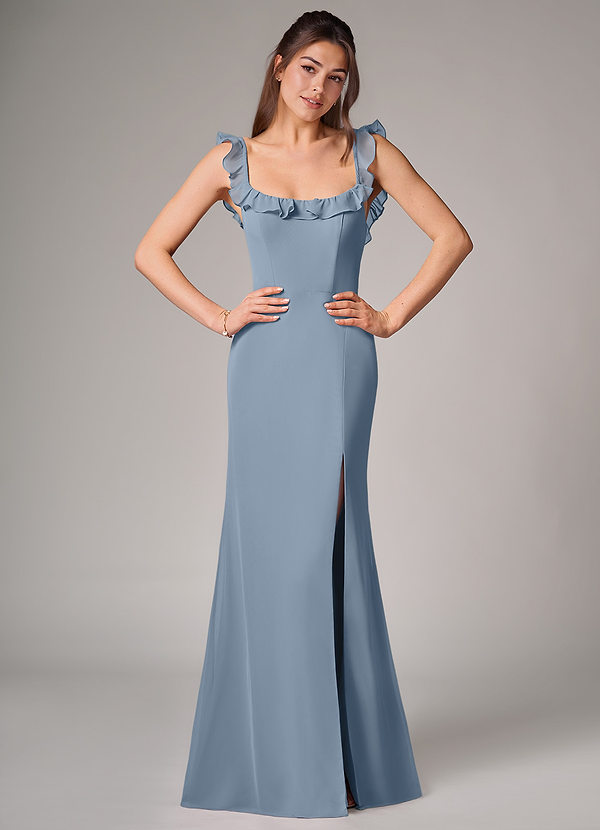 Azazie Callie Vestido Invitada Boda Vestido de Azul Polvoriento de Gasa de Corte Sirena Convertible con Corte Lateral image1