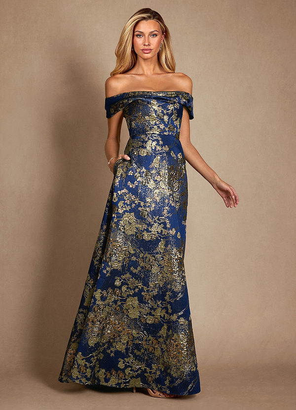 Azazie Marceline Mother of the Brides Dresses Navy Floral A-Line Off the Shoulder Jacquard Dress image1