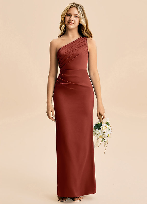 Azazie Akilah Junior Robe Fourreau en Satin extensible Plissée Terracotta image1