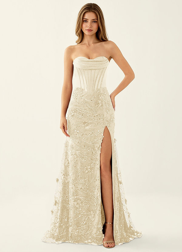 Iliana Champagne 3D Flowers Corset Beading Prom Dress image1