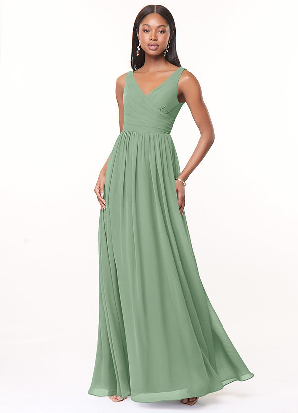 Azazie Keyla Bridesmaid Dresses Matcha A-Line V-Neck Pleated Chiffon Dress image1