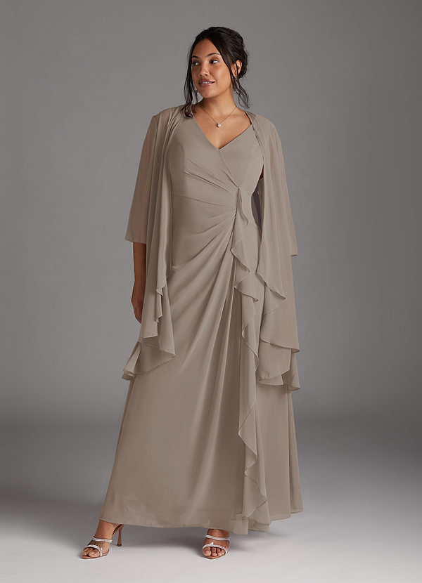 Azazie Manuella Mother of the Brides Dresses Taupe A-Line V-Neck Pleated Chiffon Dress image1