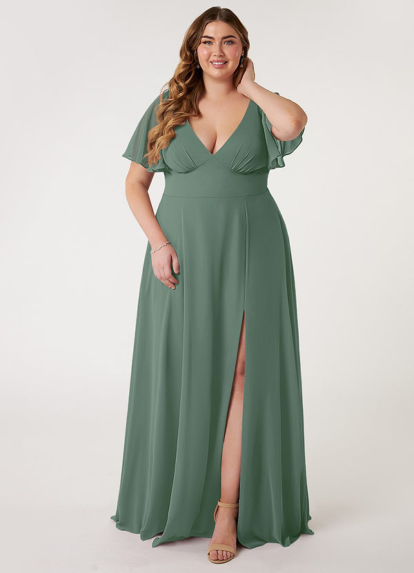Azazie Kimber Bridesmaid Dresses Eucalyptus A-Line Flounce Sleeve Chiffon Dress image1