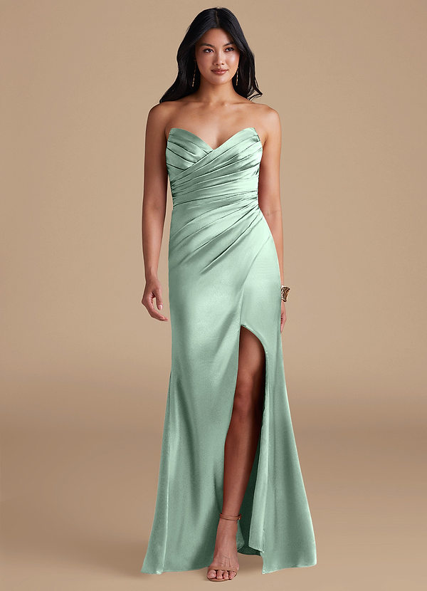 Azazie Yola Robes Demoiselle d'honneur Robe Fourreau en Satiné métallisé Sans bretelles Agave image1