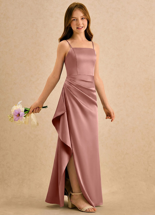 Azazie Cannoli Girls Formal Sukienki dla dziewczynek sypiących kwiaty Linia A Pofałdowany Satyna elastyczna Długość podłogi Sukienka image1