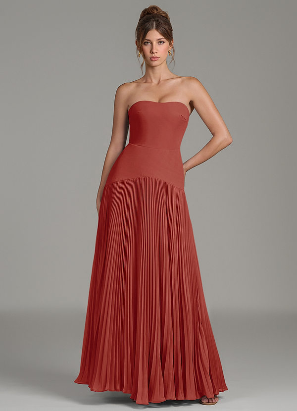 Azazie Yuliana Vestidos de dama de honor Vestido Terracota de Gasa de Línea A con Palabra de honor image1