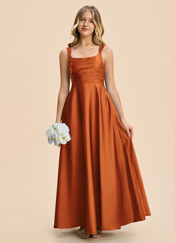 Azazie Azaria Junior Cinnamon A-Line Pleated Stretch Satin Dress image1