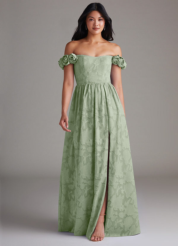 Azazie Autumn Robes Demoiselle d'honneur Robe Trapèze Convertible en Blumen-Burnout Épaule décolletée Vert Sauge image1