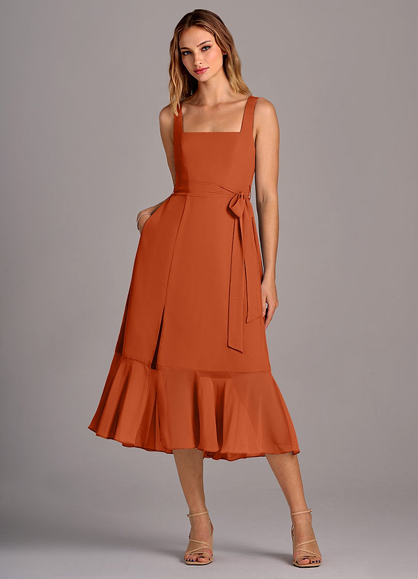 Azazie Deb Bridesmaid Dresses Burnt Orange A-Line with Pockets Chiffon Convertible Dress image1