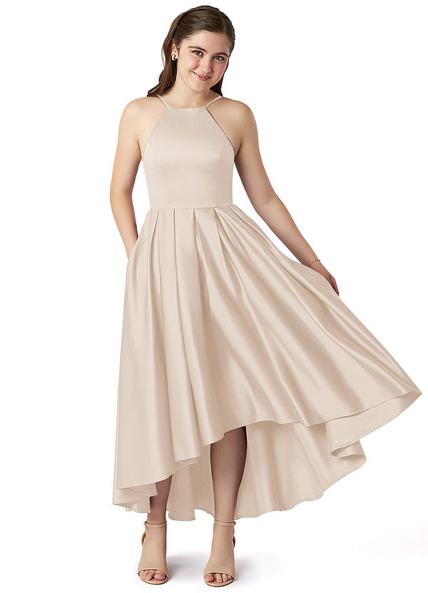 Azazie Jemima Junior White Alabaster A-Line with Pockets Stretch Satin Dress image1