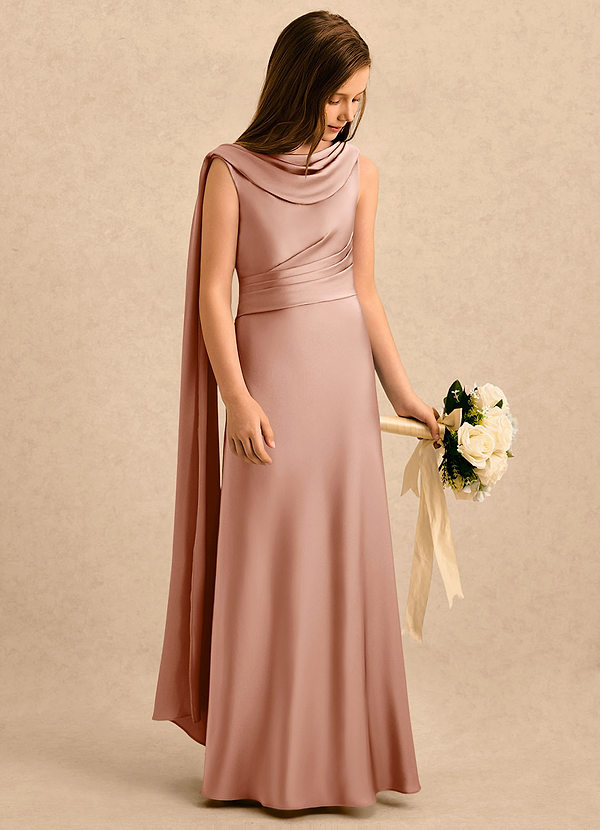 Azazie Sanah Girls Formal Sukienki dla dziewczynek sypiących kwiaty Linia A Pofałdowany Satyna elastyczna Długość podłogi Sukienka image1