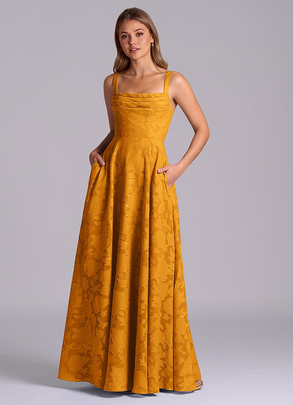 Azazie Shaude Abiti da Damigella Abito A-Line in Burnout Floreale Plissettato Caramello image1