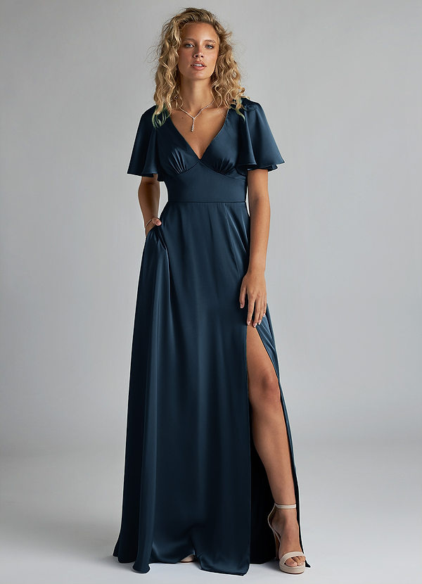 Azazie Kimber Brautjungfernkleider A-Linie Gestreift Stretch-Satin Kleid Dunkelmarine image1