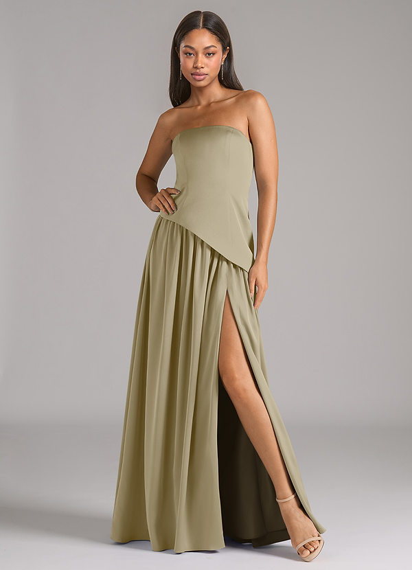 Azazie Adeline Robes Demoiselle d'honneur Robe Trapèze Convertible en Satin extensible Sans bretelle Vert Mousse image1