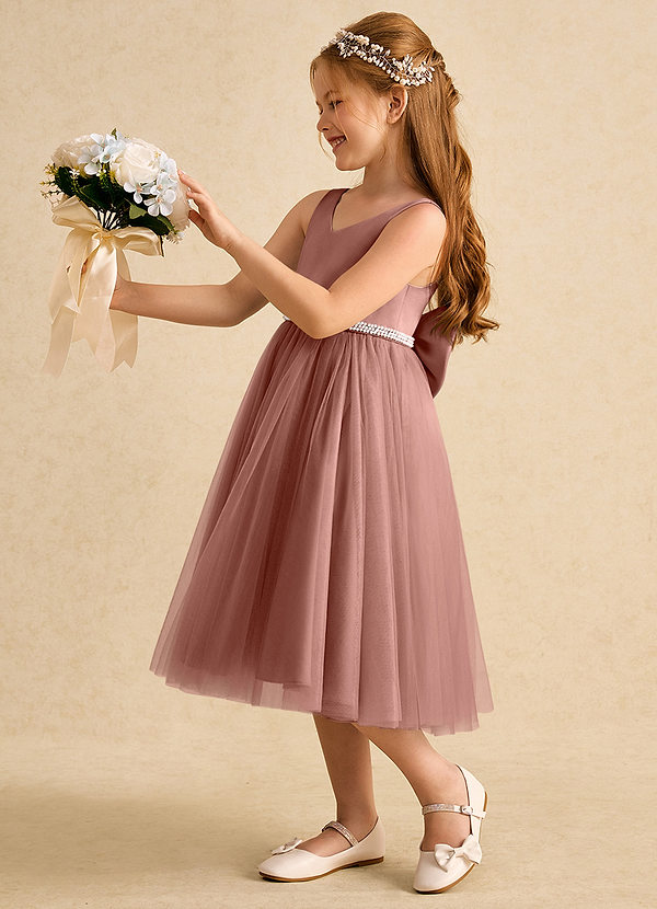 Azazie Firefly Vestidos de Niña de Flores Vestido de Rosa De Cedro de Satin Mate de Corte En A con Lazo image1
