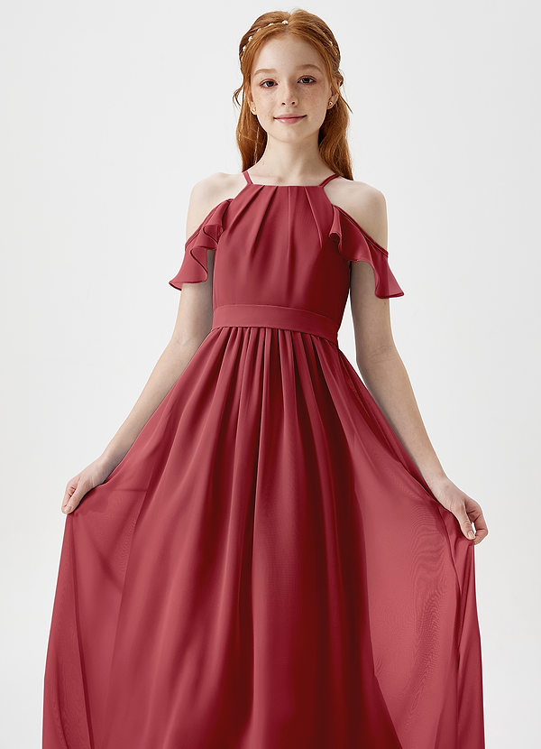Azazie Chaya Junior Pomegranate A-Line Off the Shoulder Chiffon Dress image1