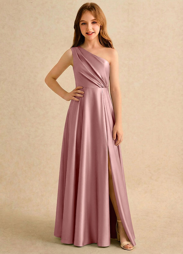 Azazie Puddles Junior Formal Klänningar för brudeflicka Klä A-Line i Stretch Satin Ena axeln image1