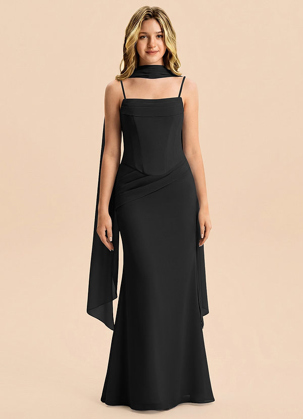 Azazie Sorrel Junior Vestido Negro de Gasa de Corte Sirena con Plisado image1