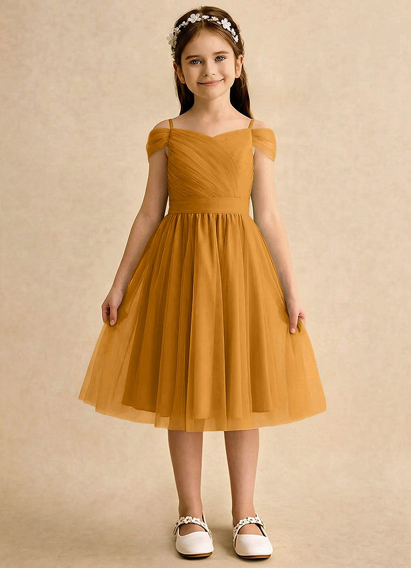 Azazie Lila Girls Formal Sukienki dla dziewczynek sypiących kwiaty Linia A Zza ramienia Tiul Długość do kolan Sukienka image1