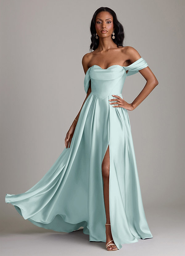 Azazie Loisa Abiti da Damigella Abito A-Line in Raso Elasticizzato a Spalla Scoperta Nebbia image1