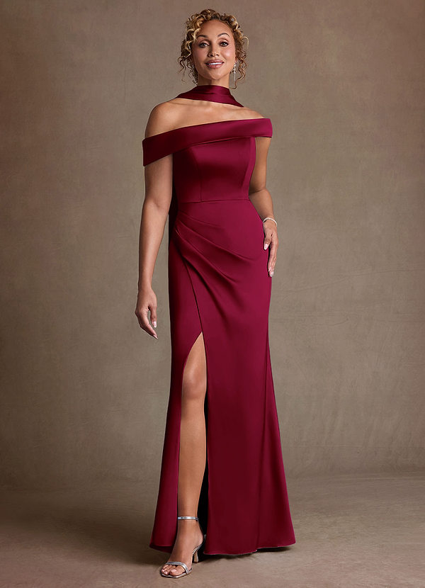 Azazie Kamala 신부의 어머니 드레스 쉬스 한쪽 어깨 스트레치 새틴 플로어 길이 드레스 image1