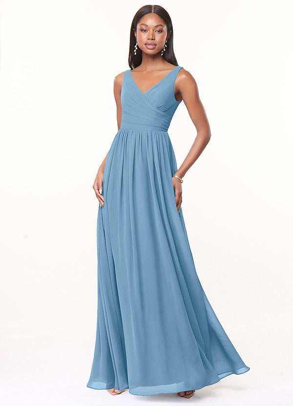 Azazie Keyla Bridesmaid Dresses Steel Blue A-Line V-Neck Pleated Chiffon Dress image1