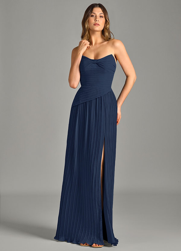 Azazie Becka Bruidsmeisjes Jurken Jurk van Chiffon met A-Lijn Strapless Donkere Marine image1