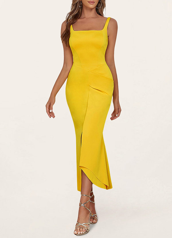 front Magnolia Yellow Square Neck Midi Dress