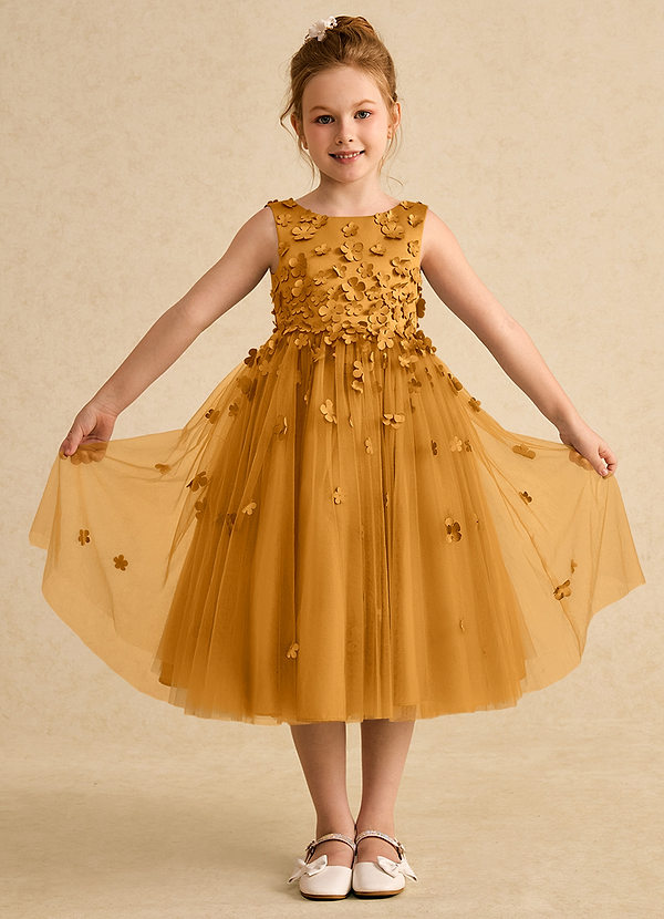Azazie Lana Blumenkinder Kleider A-Linie ärmellos Matte Satin Kleid Butterscotch image1