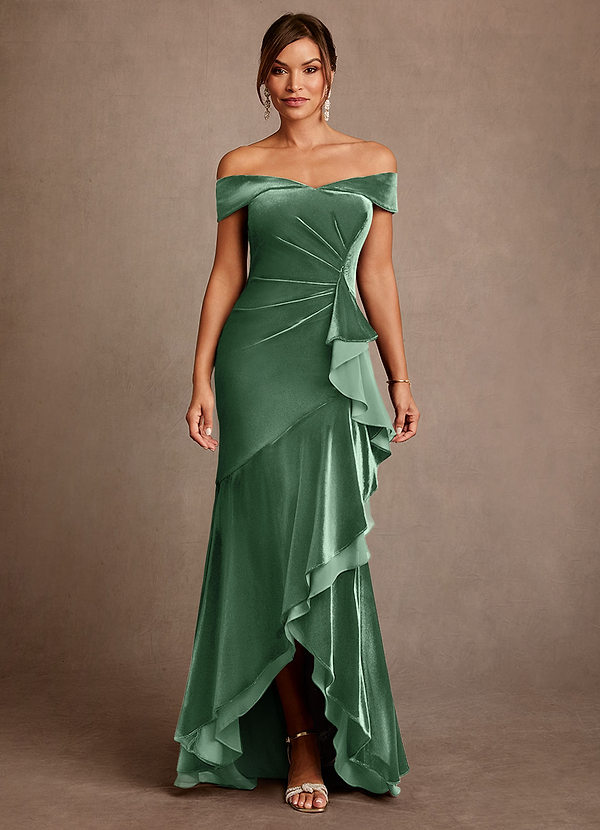 Azazie Billings Klänningar till brudens mor Klä Sjöjungfru i sammet Av axeln Eukalyptus image1