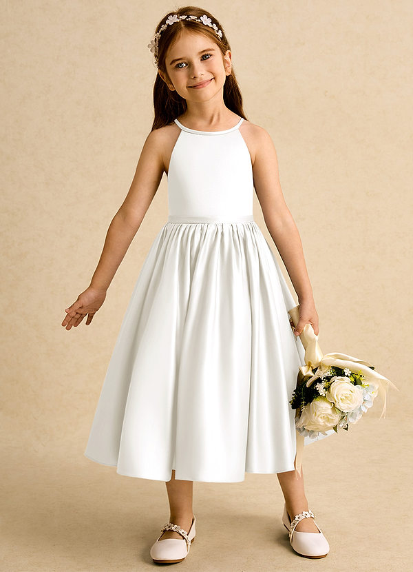 Azazie Indi Bloemenmeisjes Jurken A-Lijn Jurk van Mat Satijn Boog Ivoor image1