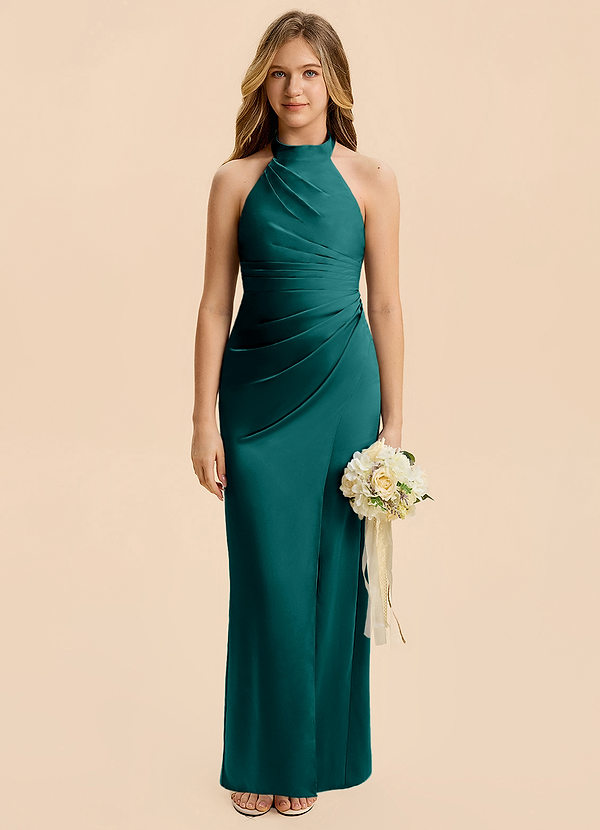 Azazie Jemma Junior Robe Fourreau en Satin extensible Rayé Paon image1