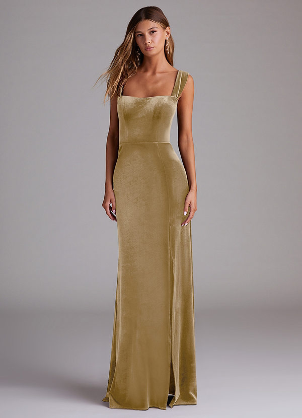 Azazie Junia Bridesmaid Dresses Golden Tan Sheath Off the Shoulder Velvet Convertible Dress image1