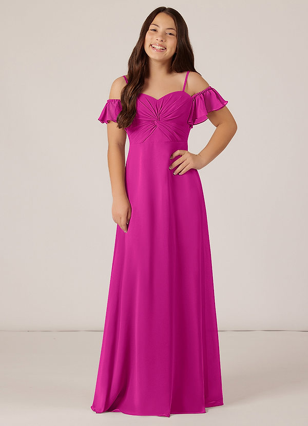 Azazie Juna Junior Robe Trapèze en Mousseline de soie Épaule décolletée Fuchsia image1