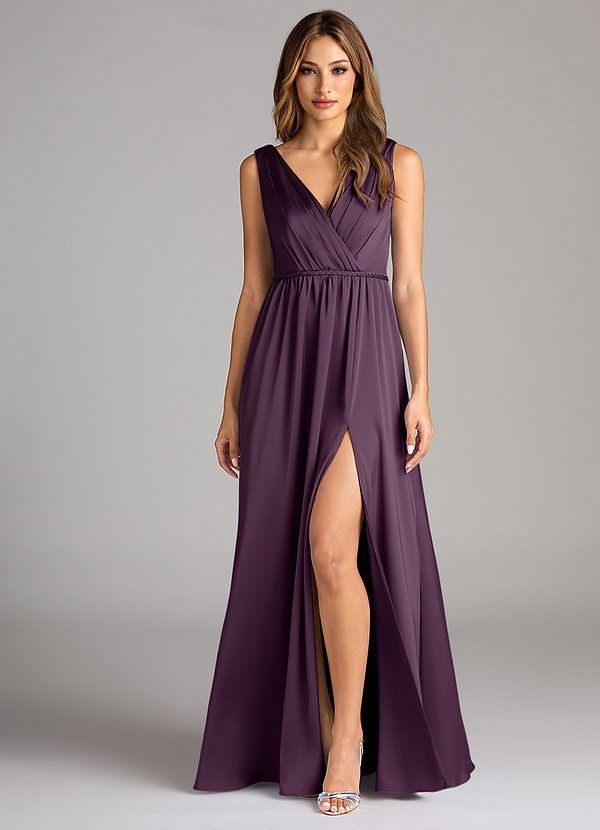 Azazie Tanicia Bridesmaid Dresses Plum A-Line Pleated Stretch Satin Dress image1