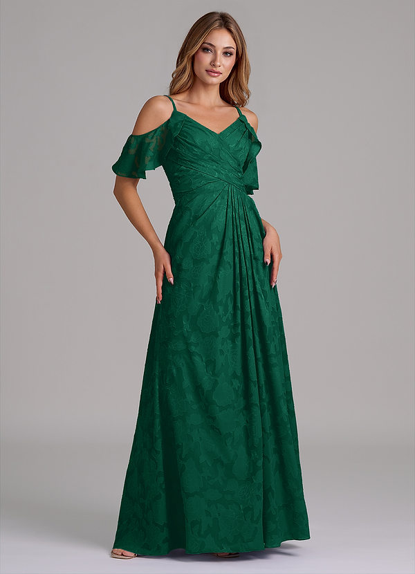 Azazie Dakota Bridesmaid Dresses Emerald A-Line Off the Shoulder Floral Burnout Dress image1