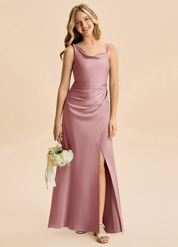 Azazie Abby Junior Dusty Rose A-Line Pleated Stretch Satin Dress image1