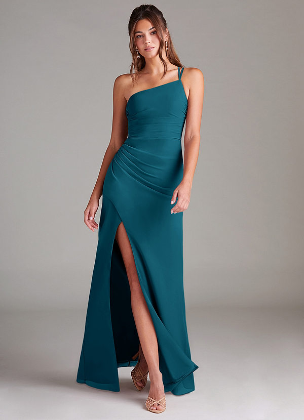 Azazie Eren Vestidos Dama de Honor Vestido de Azul Tinta de Gasa de Corte Recto con Hombro unilateral image1