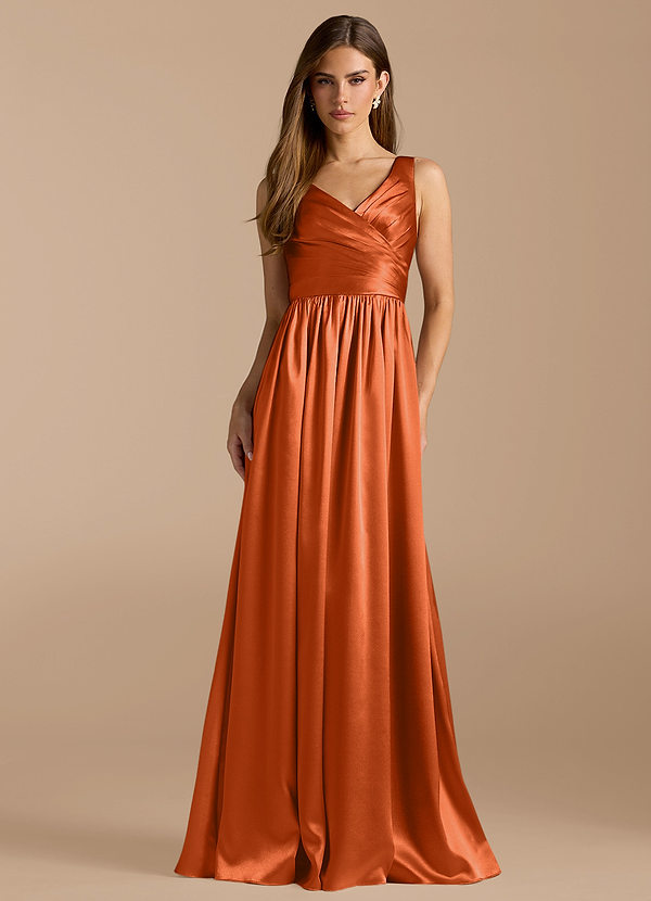 Azazie Keyla Brautjungfernkleider A-Linie Plissee Metallischer Satin Kleid Gebranntes Orange image1