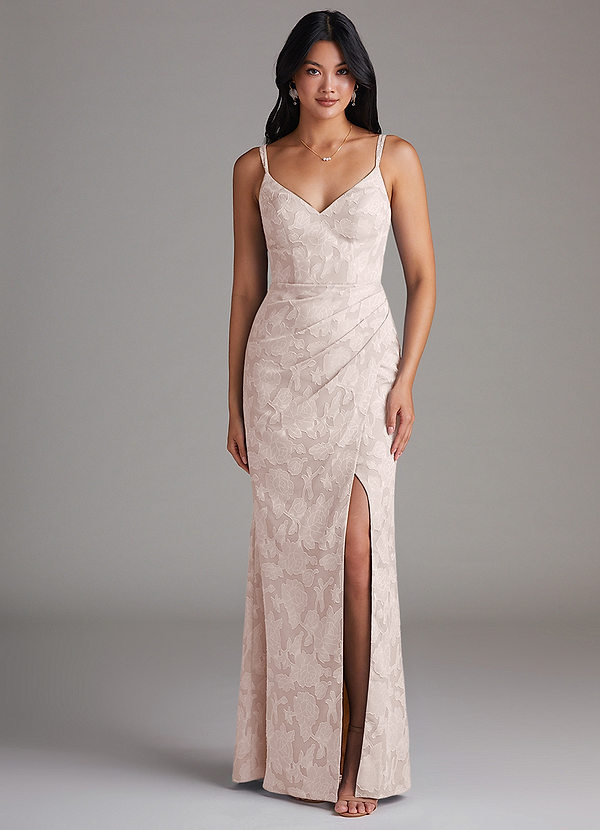 Azazie Leo Bridesmaid Dresses Blushing Pink Sheath Pleated Floral Burnout Dress image1