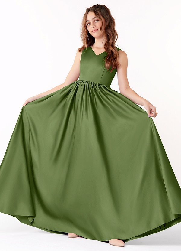 Azazie Hathaway Junior Vestido de Enebro de Satén Elástico de Corte En A con Lazo image1