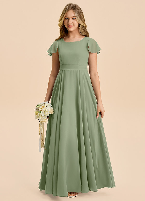 Azazie Cady Junior Abito A-Line in Chiffon Plissettato Pistacchio image1