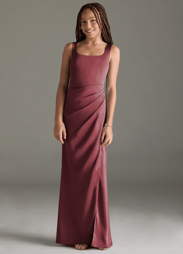 Azazie Mero Junior Merlot Mermaid Pleated Stretch Satin Dress image1
