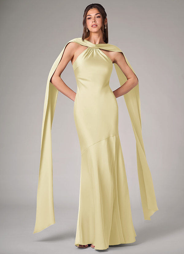 Azazie Kinsley Bridesmaid Dresses Lemon Sorbet Mermaid Side Slit Stretch Satin Dress image1