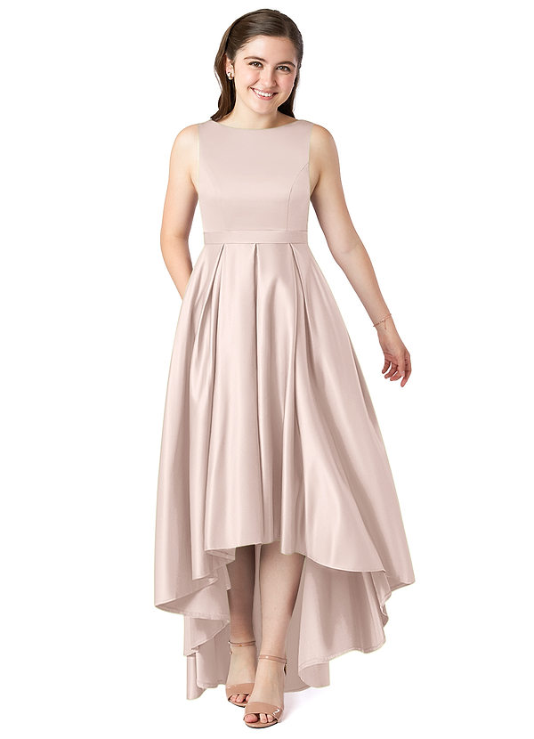 Azazie Inaya Junior Blushing Pink A-Line with Belt Stretch Satin Dress image1
