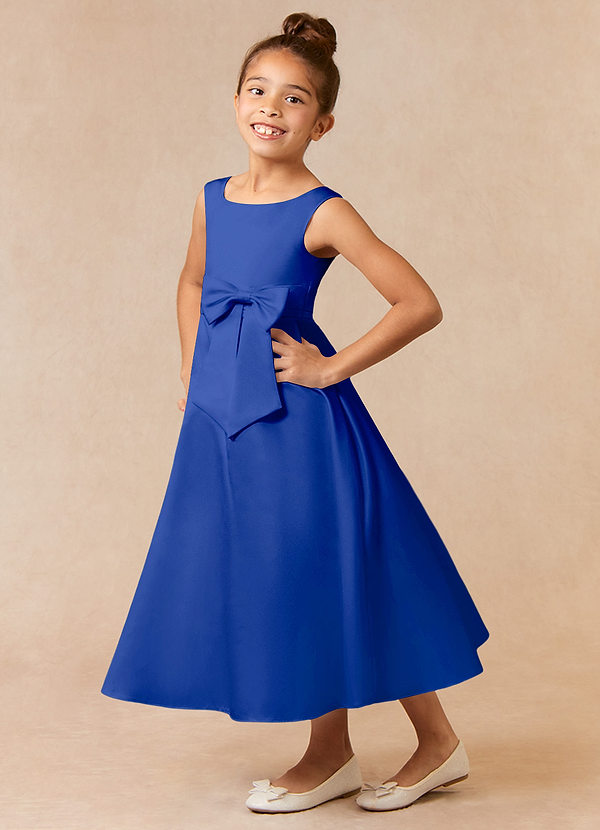 Azazie Lindy Flower Girl Dresses Royal Blue A-Line Pleated Matte Satin Dress image1