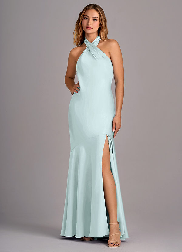 Azazie Lorena Bridesmaid Dresses Sea Glass Mermaid Pleated Stretch Satin Dress image1