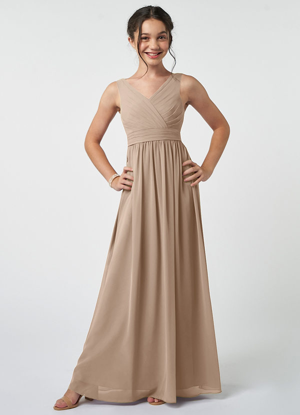 Azazie Kora Junior Taupe A-Line Pleated Chiffon Dress image1