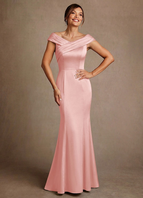 Azazie Aberdeen Mother of the Brides Dresses Powder Pink Sheath Pleated Stretch Satin Dress image1