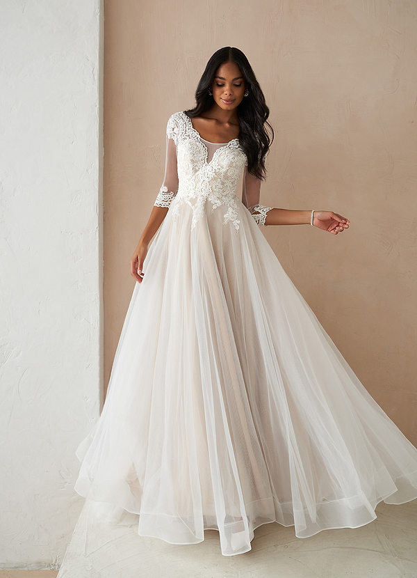 Azazie Sandoval Wedding Dresses Diamond White Nude A-Line Lace Tulle Dress image1